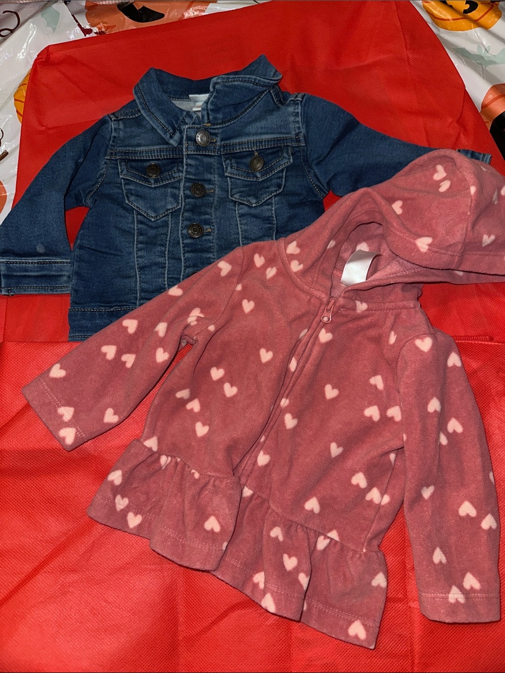 Cat & Jack Pink Heart Fleece Hooded Jacket with Blue Denim Jean Jacket